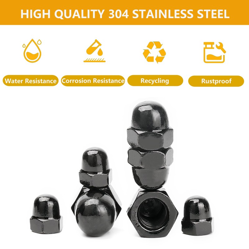 1/4-20" Black Acorn Nuts, Acorn Cap Nut Stainless Steel 18-8(304),