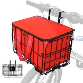 Bike Folding Basket, Bike Front Basket with Detachable Lining Bag, Electric Bicycle Metal Basket, Suitable for Carrying Dogs, Food, Books, Groceries and Large Bicycle Rear Basket. (red)