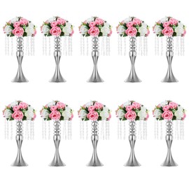 Sziqiqi Floral Centerpiece Riser Silver Tall Flower Centerpiece Stand with Crystal Beads for Event Party Wedding Reception Center Piece Floral Arrangements, Pack of 10 Silver 13.8’’/35cm