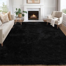 GarveeHome Fluffy Area Rug- Shag Area Rug for Living Room, Shaggy Large Indoor Thick Living Room Carpet with Non-Slip Backing, Soft Plush Fuzzy Carpet for Bedroom,10x13,Black