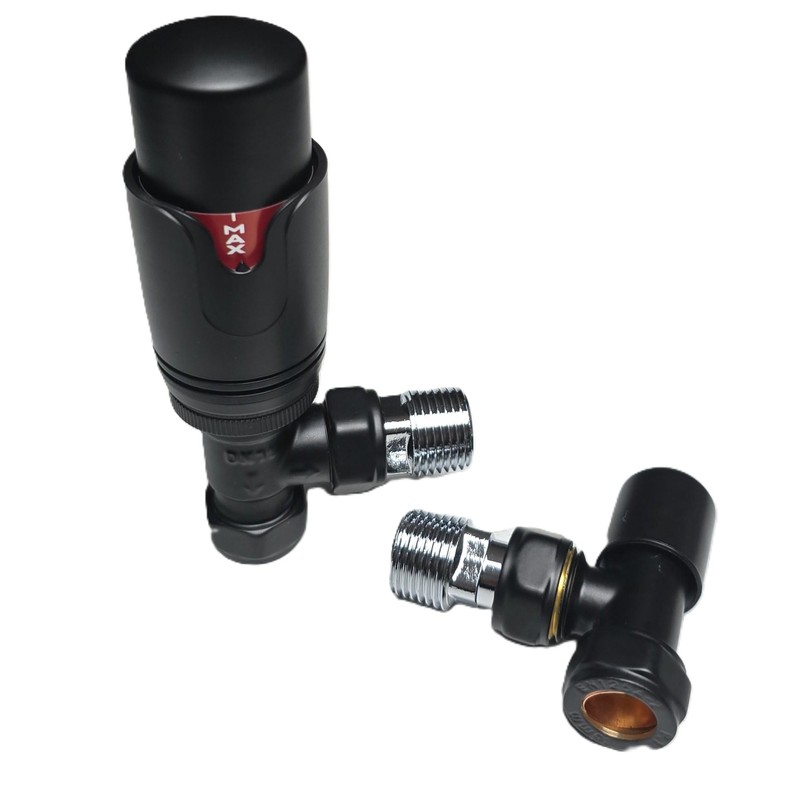 Matt Black Thermostatic Radiator Valves & Lockshield Angled 15mm x