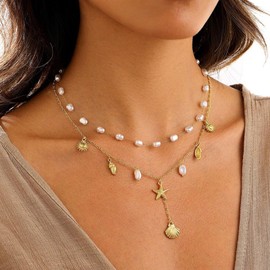 Layered Shell Necklace for Women Gold Pearl Shell Necklace Boho Starfish Flower Conch Seashell Necklaces Summer Beach Vacation Jewelry Gifts (A.)