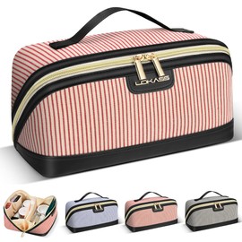 DOSUKE Travel Makeup Bag, Large Capacity Cosmetic Bags for Women, Water-Resistant Portable Travel Toiletry Bag Skincare Bag Stuff for Women with Handle and Divider Open Flat PU Bottom