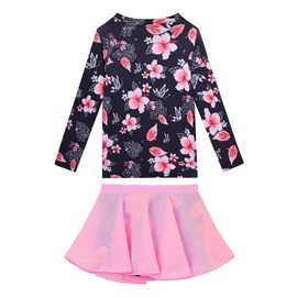 Swimsuit for Girls 5-6 Years Old Black Pink Flower Two Piece Long Sleeve Swimwear Rash Guard Sets with Pantskirt