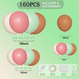 MOXMAY Sage Green Pink White Brown Balloons Garland Arch Kit, 160Pcs Boho Dusty Green Cherry Blossom Pink White Sand Brown Balloons for Girl Bridal Baby Shower Wedding Birthday Party Decorations