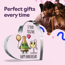 17th Anniversary Plaque Gifts for Wife Husband - Happy Anniversary - I Love You Romantic Acrylic Heart Gift For Women Men, 100mm x 100mm Present For Couples Seventeenth Wedding Anniversaries