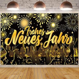 New Year's Eve Decoration 2024 New Year Banner, Happy New Year Banner, Black Gold German New Year's Eve Banner, 2024 New Year's Eve Decorations, for New Year Indoor Outdoor Decoration, 180 x 110 cm
