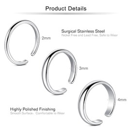 Toe Ring and Anklet Set 2mm/3mm/4mm Classic Plain Toe Ring Adjustable Open Finger Knuckle Ring and Bracelet Silver Rose and Gold