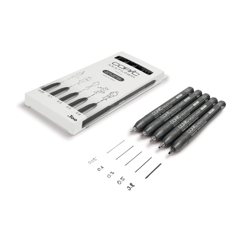 COPIC Multiliner Set, Black, 5 Fineliner Pens in Different Line