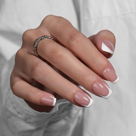 KQueenest White French Tip Press On Nails Short Medium Square, 30 Pcs Acrylic Press On Nails Medium with Glue, Natural Nude Fake Nails Press ons, Reusable Soft Gel Glue on Nails for Women Weddings