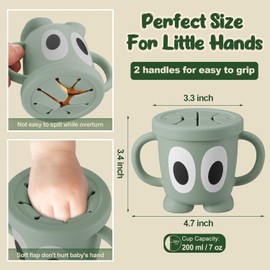 Jkevow Silicone Snack Cups Food Container for Toddlers and Babies, Spill Proof Training Cup with Snack Cup Lid & Dust Proof Lid, Comes with a toy strap, Without BPA, Lead, or Phthalates（Sage & Beige）