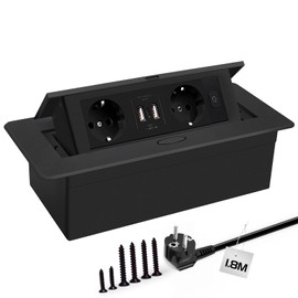 JACEPFY Steckdosenleiste, versteckter Pop-up-Steckdosenschrank mit 2 Steckdosen und 2 USB-Ports Typec Connection Box, Schwarz