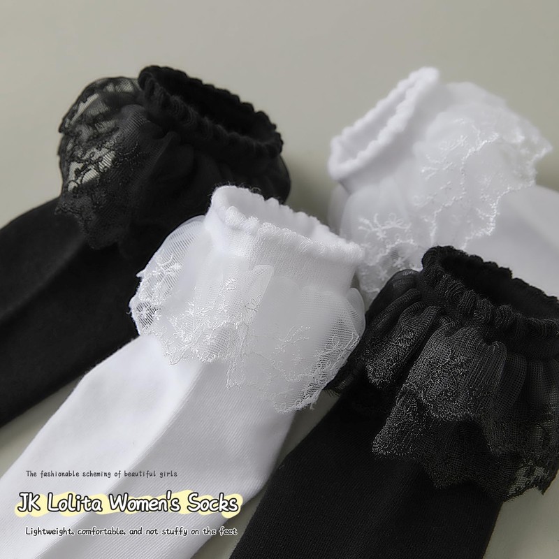 DONBIQI Lace Ruffle Frilly Ankle Socks for Women, Double Layer