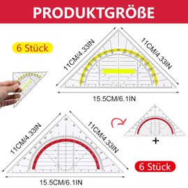 Set of 12 Geometry Triangles, 6 Set Squares with Yellow Handle and 6 Red Set Squares, Transparent Set Square Set, Set Square Flexible for School and Office
