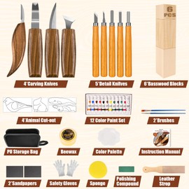 Wood Carving Kit, 44Pcs Wood Carving Tools with 4 Style Templates & 12 Color Paint Set & Bee Wax, Wood Whittling Knives Set 4pcs Whittling Knives & 5pcs Detail Knives for Beginners and Hobbyists