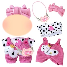 Xerteam Pink Doll Clothes for 17cm Plush Monster Dolls, Sweet Doll Outfits Set with Polka Dot White Top, Rose Red Overalls, Bow Hairpin, Dolls Clothes Accessories for 17cm Doll, Boys Girls Gift