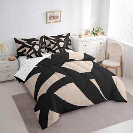Feelyou Adults Black and Dark Tan Comforter Set Queen 7 Pieces Comforters Geometric Modern Bedding Set Abstract Neutral Art Bed Set Bed in a Bag with Comforter, Sheets, Pillowcases & Cushion Covers