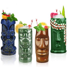 Tiki Mugs Cocktail Set of 4 - Large Ceramic Hawaiian Party Mugs Drinkware, Cute Exotic Cocktail Glasses, Tiki Bar Professional Hawaiian Party Barware, TKSET0012 (4 pack)