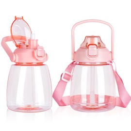 YOBOKO 1.1L Large Water Bottle Lovely Wide Mouth Drink Bottle with Handle Leak Proof Big Bottle with Straw and Adjustable Strap for Camping Cycling Gym Sports (1PC, Pink)
