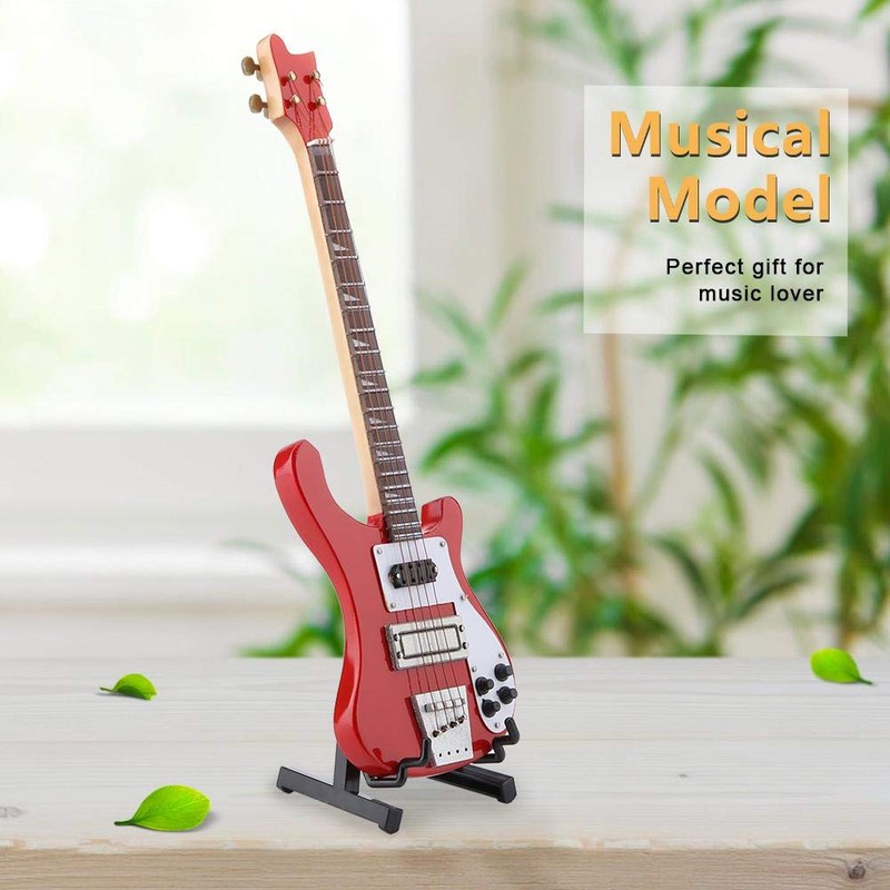 Hilitand Red Miniature Bass Guitar Wood Replica Model Ornament with