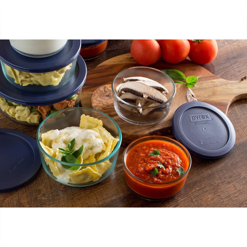 Pyrex Simply Store 14-Piece Round Glass Food Storage Set, Blue