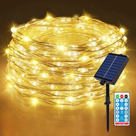 Meision Solar Lichterkette Aussen 10m 100LEDs, LED Lichterkette Kupferdraht mit Timer + Fernbedienung + 8 Modi+ IP65 Wetterfest, Lichterkette Weihnachtsbaum für Balkon, Party, Warmweiß
