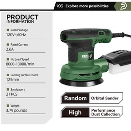 Prostormer 5-Inch Random Orbital Sander with 21PCS Sandpapers, 8000-13000RPM, 2.6AMP Palm Sander with 6 Variable Speeds, Dust Collection For Polishing, Sanding