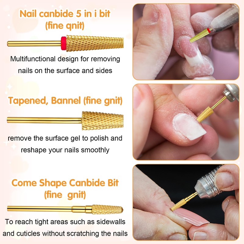 Qianyu 3-Piece Nail Drill Set 5-in-1 Carbide Nail Art Tools