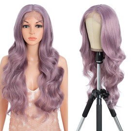 Style Icon Long Body Wavy Wig 26 inch Pale Purple Long Curly Synthetic Lace Front Wigs for Women T Part Wig Pre Plucked Heat Resistant Fiber 150% Density (QTASHPU)
