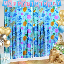 3PCS Hawaiian Element Pattern Foil Fringe Curtains，Birthday Party Backdrop & Banner，Tinsel Animation Themed Photo Backdrop Streamers Cartoon Birthday Party Decorations
