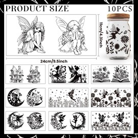 GOMAKERER 10 Sheets Fairy UV DTF Cup Wraps, Elf Transfer Stickers Black Floral Butterfly Moon Printed UV Rub Transfer Stickers for 16 Oz Glass Cups Milk Tea Cups Mugs Container Decor
