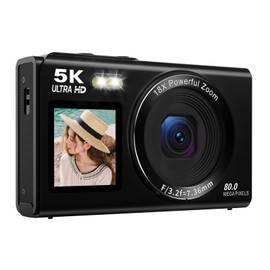 AiMike 5K Digital Camera for Smartphones, Digital Camera, WiFi Transmission Function, 80 Megapixels, Dual Screen, 64 GB Micro SD Card Included, 18x Digital Zoom, Auto Focus Function, Webcam, 19 Types