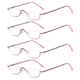 KoKoBin Half Reading Glasses,4 Pack Half Rim Metal Frame Glasses Spring Hinge Readers with Leather Pouch for Men and Women (Pink,1.00)