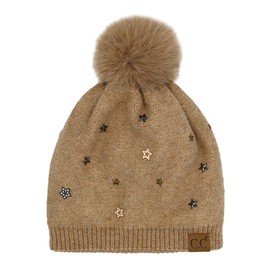 C.C Star Stud Pom Beanie with Pom for Women - Recycled Yarn Stretchable Soft Warm with Faux Fur Pom Knit Winter Skully Hat (Taupe)