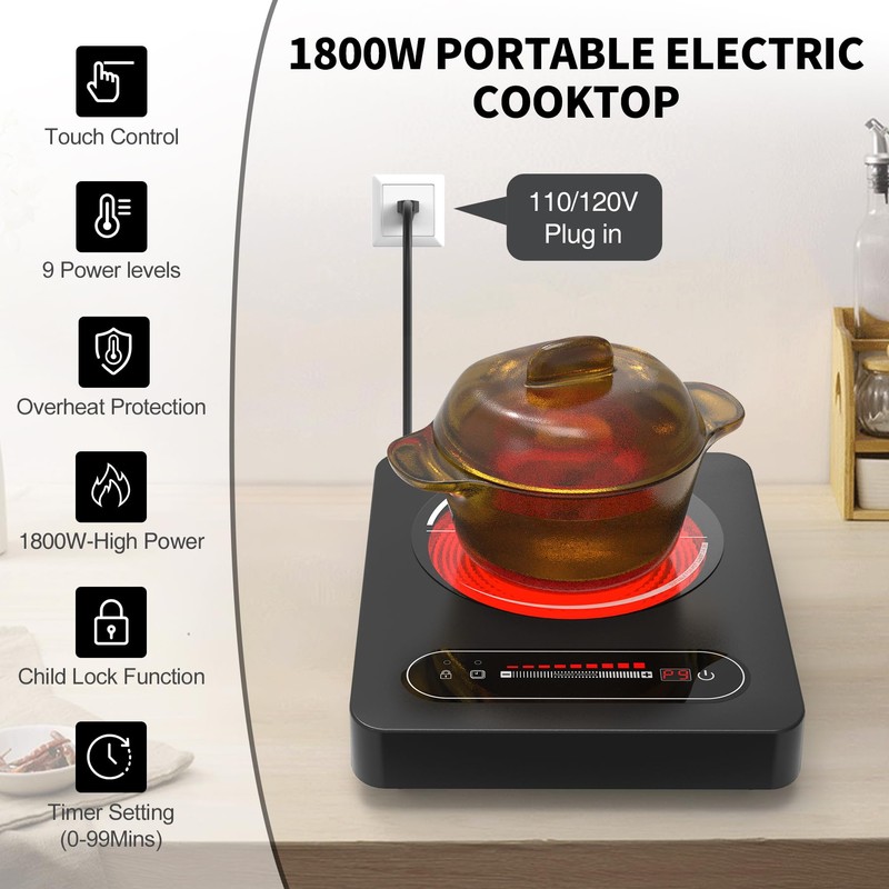VBGK Single Burner Electric Cooktop,110V 1800W Electric Stove Top with