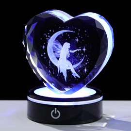Arikyrist 3D Moon Fairy Figurines K9 Crystal Heart with LED Light Base Fairy Keepsake Gifts for Women Fairies Lovers Collectible Tinkerbell Paperweight Home Decor