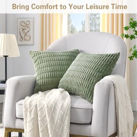 Volcanics Pack of 2 Sage Green Decorative Throw Pillow Covers 16x16 Inch (40x40cm), Soft Corduroy Striped Square Cushion Cases, Modern Farmhouse Boho Home Decor for Spring Couch Bed Sofa Living Room