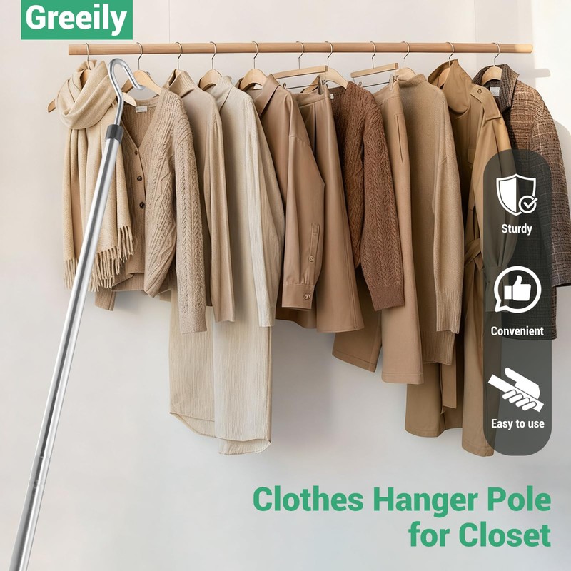 Greeily Clothes Hook Pole, High Reach Garment Hook for Hanging