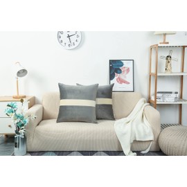 TangDepot Set of 2 Hevey Velvet Decorative Throw Pillow Covers Cushion Covers, Cream White Striped, Super Soft, Indoor/Outdoor, Square Pillowcases - (12x12 Inch 2 Pieces, Light Grey)