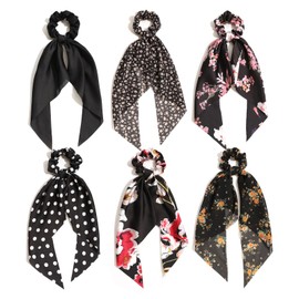 Bow Scrunchies for Women – Hair Scarf Scrunchy & Ribbon Hair Ties | Elegant Scrunchie with Bow | Soft Hair Ribbons (6-Pack, Assorted Colors) (Blak Pack)