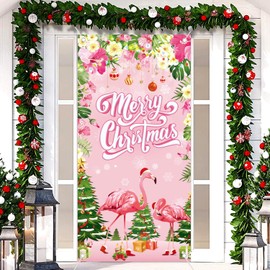 Flamingo Christmas Decorations Door Cover, Large 71'' x 35'' Pink Flamingo Christmas Decorations Door Banner, Merry Christmas Flamingo Door Banner for Outdoor Christmas Party