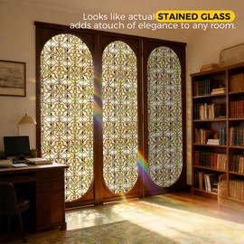 OHTMERU 3D Stained Glass Window Privacy Film, Heat Control UV Blocking Static Cling Decorative Window Film for Bathroom,Front Door,Home Non Adhesive 35.4 x 78.7 inches Golden Filigree