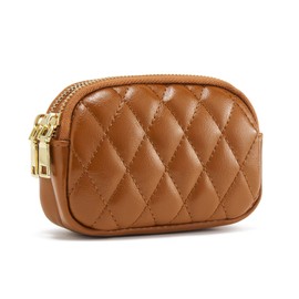 QIUTIMIY Ladies Small Leather Wallet for Cash Mini Wallet Double Zipper Pocket with Keychain, brown, coin purse