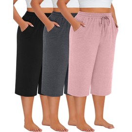Neer 3 Pack Women's Plus Size Cotton Capris, Stretchy Wide Leg Cropped Pants with Pockets Loose Fit Lounge Pajama Sweatpants(Black, Pink, Dark Mix Gray,3XL)