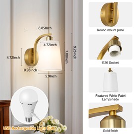 HOJOYRI Gold Battery Operated Wall Sconces Set of 2, Rechargeable Wireless Wall Lights with Remote, Non Wired Cordless Dimmable Battery Powered LED Wall Lamp Lighting Fixture for Bedroom, Living Room