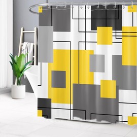 LB Grey and Yellow Geometric Shower Curtain for Bathroom, Abstract Minimalist Modern Fabric Shower Curtain with Hooks,Black and White Striped Bathroom Curtain Shower Set,72" W x 72" L