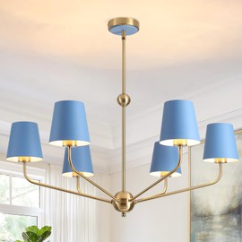 ZXFGNF 33" Modern Brushed Gold Chandelier, 6-Lights Dining Room Light Fixture with Blue Metal Shade, Farmhouse Brass Pendant Light Hanging Lamp for Kitchen Living Room Bedroom Entryway Foye