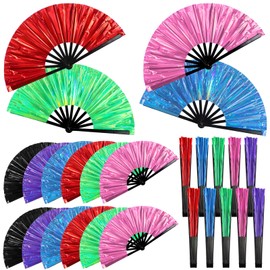 Burbell 12 Pcs Large Holographic Folding Hand Fan Foldable Iridescent Clack Rave Fan Bulk for Craft Holding Laser Outfits Women Men Outfit Club Line Dancing, 6 Colors (Novelty Color)