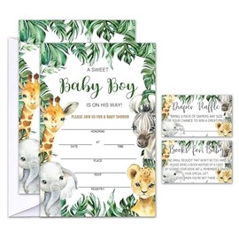 Geuro Set of 25 Baby Shower Invitations with Envelopes, Diaper Raffle Tickets and Baby Shower Book Request Cards, Jungle Animals 01