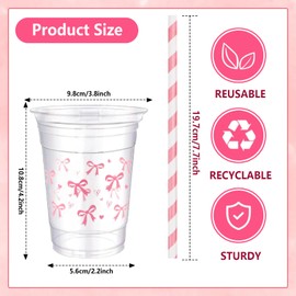 YIQXKOUY 50 Pieces Pink Bow Disposable Plastic Cups with Lids and Straws 16 oz Lovely Bowknot Cold Beverage Drinking Cups for Wedding Birthday Bridal Baby Shower Party Supplies